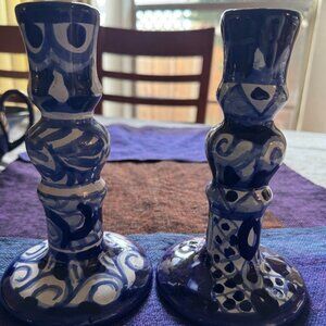 Pair of Hand-Painted Mexican Ceramic Candlesticks – Blue & White Talavera Style